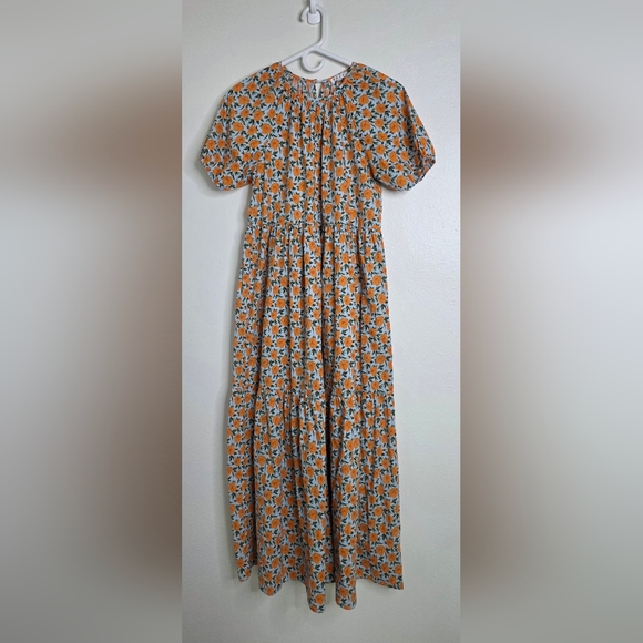 ​TCEC 100% Cotton Floral Maxi Dress S Orange Blue Puff Sleeve Tiered Summer - Picture 6 of 8